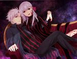  1girl bad_id bad_pixiv_id dark_persona dark_sakura dress fate/stay_night fate/zero fate_(series) hair_ribbon lavender_hair long_coat long_hair matou_kariya matou_sakura red_eyes ribbon striped suziko104 time_paradox turtleneck uncle_and_niece vertical_stripes white_hair 