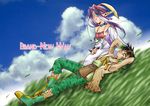  1girl arms_behind_back blue_eyes boots brown_hair choker cloud cover dark_skin day english grandia grandia_i grass hair_over_one_eye hat liete_(grandia) lying pants pointy_ears purple_hair rapp_(grandia) setuga sitting sky sleeping smile wind 