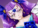  blue_flower blue_rose circlet dutch_angle earrings eyelashes flower hair_ornament hairpin jewelry long_hair m3t magical_girl milk_(yes!_precure_5) milky_rose mimino_kurumi precure purple_background purple_hair red_eyes rose smile solo two_side_up yes!_precure_5 yes!_precure_5_gogo! 