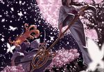  blonde_hair bug butterfly cherry_blossoms from_behind head_out_of_frame insect japanese_clothes katana long_hair multiple_girls petals saigyou_ayakashi saigyouji_yuyuko saigyouji_yuyuko_(living) scrap_iron shakujou sheath staff sword touhou tree weapon yakumo_yukari 