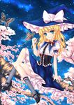  alternate_costume blonde_hair blue_eyes bow braid branch bug butterfly fred0092 hair_bow hat hat_bow highres insect kirisame_marisa long_hair night night_sky single_braid sitting sky smile solo star striped striped_legwear touhou vertical-striped_legwear vertical_stripes white_bow witch_hat 