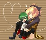  :p antennae bad_id bad_pixiv_id black_legwear blonde_hair blush boots bow cape green_eyes green_hair hair_bow hati105 heart heart_of_string kurodani_yamame looking_down multiple_girls open_mouth ponytail short_hair size_difference smile sweatdrop thighhighs tongue tongue_out touhou wriggle_nightbug yellow_eyes 
