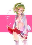  antenna_hair bad_id bad_pixiv_id blush book bra breasts character_name cleavage digital_media_player glasses green_hair gumi headphones heart jacket lingerie midriff navel open_clothes open_jacket panties pantyshot plaid plaid_skirt short_hair skirt skirt_lift small_breasts smile solo thighhighs tukino_(panna) underwear vocaloid 