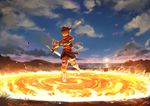  :&lt; arc_(arc_the_lad) arc_the_lad armor boots casting_spell cloud cojibou fire flame gloves headband highres landscape male_focus molten_rock nature night night_sky ocean red_scarf scarf sky solo sun sword weapon 