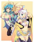  2girls armor bare_shoulders belt blue_eyes blue_hair breasts brown_eyes cleavage eruru_(luminous_arc) inaruna kyoku_tou luminous_arc luminous_arc_3 midriff multiple_girls navel skirt thighhighs white_hair 