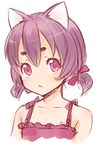  :&lt; animal_ears bow cat_ears eyebrows ha-ru hair_bow original pink_eyes portrait purple_hair short_eyebrows short_twintails solo tank_top twintails 