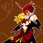  adell adell_(disgaea) bat_wings blonde_hair couple demon_girl disgaea dress makai_senki_disgaea_2 pointy_ears red_eyes red_hair ribbon rozalin wings 