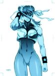  alternate_costume bare_shoulders blue bodysuit bracelet braid breasts chun-li clenched_hand cropped_jacket dated double_bun hair_ribbon jewelry large_breasts monochrome ribbon single_braid skin_tight solo spiked_bracelet spikes street_fighter street_fighter_zero_(series) toned zap 