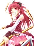  bad_id bad_pixiv_id clenched_teeth fang food grin highres mahou_shoujo_madoka_magica mouth_hold pocky polearm ponytail red_eyes red_hair sakura_kyouko shinsono_shiroko skirt smile spear teeth thighhighs weapon 