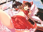  bow breasts brown_hair detached_sleeves from_below hair_bow hair_tubes hakurei_reimu hinohoshi_ataru navel one_eye_closed open_mouth red_eyes small_breasts solo thighs touhou underboob upshirt upskirt 