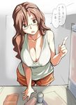  bespectacled blush breasts brown_eyes brown_hair cleavage downblouse glasses interlude large_breasts long_hair marufuji_izumi open_mouth pointing refrigerator shorts solo tank_top translated tsuda_nanafushi 