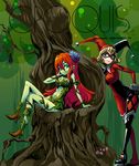  2girls badysuit bat blonde_hair blue_eyes breasts dc_comics flower harley_quinn mask poison_ivy red_hair shoes 