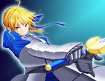  ahoge armor armored_dress artoria_pendragon_(all) blonde_hair dress excalibur fate/stay_night fate_(series) gauntlets gorito green_eyes hair_ribbon highres ribbon saber solo sword weapon 
