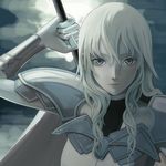  1girl armor artist_request claymore flora_(claymore) long_hair looking_at_viewer lowres silver_eyes solo white_hair 