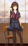  black_hair chair desk echizen_(hzen-ya) hand_in_hair kanoe_yuuko long_hair pantyhose red_eyes school_uniform sitting skirt smile solo table tasogare_otome_x_amnesia very_long_hair window 