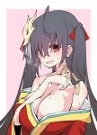  absurdres ahoge azur_lane bandaid bare_shoulders black_hair bow breasts collarbone commentary eyebrows_visible_through_hair eyes_visible_through_hair fang hair_bow highres japanese_clothes kimono large_breasts long_hair mask mask_on_head red_bow red_eyes red_kimono sakakiba_misogi sweat sweating_profusely taihou_(azur_lane) twintails 