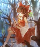  ascot bare_legs bare_shoulders bare_tree bow brown_eyes brown_hair detached_sleeves gohei hair_bow hair_tubes hakurei_reimu highres in_tree light_smile long_hair looking_at_viewer mary_janes midriff nature shoes sitting sitting_in_tree socks solo touhou tree white_legwear zrero 