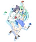  alternate_costume black_hair frog_hair_ornament green_eyes green_hair hair_ornament hat kochiya_sanae long_hair multiple_girls murasa_minamitsu navel one_eye_closed sailor sailor_hat school_uniform serafuku short_hair skirt snake_hair_ornament touhou ufo wara_(warapro) 