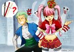  1boy 1girl :b ? angry bandage black_eyes black_pants bow crown earrings fur_trim ghost green_hair haramaki injury jewelry long_hair midriff one_piece pants perona pink_hair pixiv_thumbnail question red_cape resized roronoa_zoro short_cape shrug skirt striped striped_legwear sword thighhighs tongue twintails weapon wink 