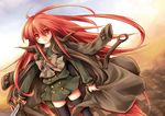  alastor_(shakugan_no_shana) jacket_on_shoulders jewelry long_hair pendant piku red_eyes red_hair school_uniform serafuku shakugan_no_shana shana sword thighhighs trench_coat weapon 