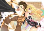  1boy 1girl alvin_(tales_of_xillia) back-to-back back_to_back belt brown_eyes brown_hair coat detached_sleeves milla_maxwell multicolored_hair pink_eyes scarf skirt tales_of_(series) tales_of_xillia 