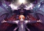  book caster_(fate/zero) fate/apocrypha fate/zero fate_(series) hallch highres jacket jeanne_d'arc_(fate) jeanne_d'arc_(fate)_(all) male_focus monster multiple_boys orange_hair outstretched_arms prelati's_spellbook purple_jacket red_eyes tentacles uryuu_ryuunosuke 