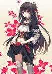  black_hair black_legwear dress flower lace lace-trimmed_thighhighs long_hair navel original red_eyes rose skirt skirt_basket skirt_lift smile solo thighhighs very_long_hair yamiko 