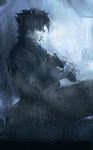  black_eyes black_hair blue cigarette emiya_kiritsugu facial_hair fate/zero fate_(series) grey highres long_coat male_focus monochrome river18 solo stubble 