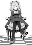  bow chair crossed_legs dress drill_hair gothic_lolita greyscale hair_bow high_heels idolmaster idolmaster_cinderella_girls kanzaki_ranko lolita_fashion monochrome nikujiru_(nickjr) pantyhose petticoat shoes sitting solo twin_drills twintails 