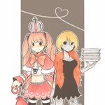  2girls belt black_dress black_eyes blonde_hair bow breasts cleavage crown dress feather_boa female fur fur_trim hand_on_hip heart hips jolly_roger midriff monster_girl multiple_girls navel nylons one_piece perona pink_hair pirate pixiv_thumbnail plate resized scar short_cape skirt spider_web stitching striped striped_legwear thighhighs twintails umbrella victoria_cindry zombie 