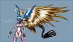  arm_guards blue_hair breastplate claws digimon digimon_frontier elbow_gloves garter_belt gloves head_wings lingerie mask muffler purple_eyes scarf short_hair shoulder_pads shutumon simple_background solo talons text thighhighs underwear wings zephyrmon 