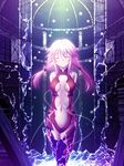  arms_behind_back bare_shoulders breasts center_opening closed_eyes guilty_crown hatomura_(tareneko_club) long_hair medium_breasts navel pink_hair smile solo thighhighs twintails yuzuriha_inori 