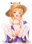  1girl :o absurdres ass bangle bare_shoulders bikini bikini_under_clothes black_footwear blonde_hair blush bracelet breasts brown_hat bushi_(1622035441) cleavage collarbone fellatio_gesture full_body hair_ornament hair_ribbon hand_up hat heart heart-shaped_pupils highres japanese_clothes jewelry long_sleeves looking_at_viewer mary_janes moriya_suwako navel no_pants off_shoulder open_mouth orange_bikini ribbon saliva shadow shoes short_hair simple_background small_breasts solo squatting stomach swimsuit symbol-shaped_pupils thighhighs tongue tongue_out touhou white_background white_legwear wide_sleeves x_hair_ornament yellow_eyes 