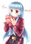  belt_buckle blue_hair blush box buckle cropped_jacket gift heart heart-shaped_box highres kula_diamond long_hair puracotte red_eyes solo the_king_of_fighters valentine 