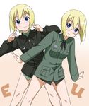  blonde_hair blue_eyes blush erica_hartmann glasses military military_uniform multiple_girls open_mouth pointing pointing_at_self short_hair siblings sisters smile strike_witches twins uniform ursula_hartmann world_witches_series youkan 