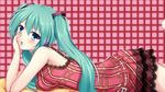  aqua_hair blue_eyes chin_rest hatsune_miku long_hair lying on_stomach open_mouth solo twintails vocaloid yappen 