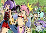  2girls bag belt blonde_hair closed_eyes coat dancer_(sekaiju) forest glasses green_eyes medic_(sekaiju_4) messenger_bag midriff monster multiple_girls nature navel pink_hair purple_eyes purple_hair rune_master_(sekaiju) sekaiju_no_meikyuu sekaiju_no_meikyuu_4 shoulder_bag skirt sword tansan3 tree twintails vial weapon 