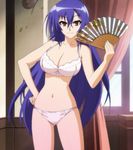  blue_hair bra breasts brown_eyes cowboy_shot fan folding_fan hand_on_hip highres holding kurokami_medaka large_breasts lingerie medaka_box panties purple_hair red_eyes screencap smile solo standing stitched third-party_edit underwear underwear_only 