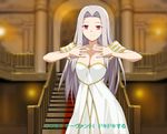  a1 breasts cleavage dress fate/zero fate_(series) irisviel_von_einzbern jewelpet_(series) jewelpet_sunshine large_breasts long_hair parody red_eyes silver_hair smile solo stairs translated 