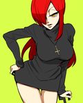  armkreuz breasts cross dress hair_over_one_eye hand_on_hip inverted_cross krieg_(skullgirls) large_breasts long_hair naughty_face parasoul_(skullgirls) red_hair short_dress simple_background skullgirls solo sweater sweater_dress umbrella yellow_eyes 