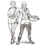  cassandra_alexandra hairband long_hair mafen monochrome multiple_girls pantyhose sandals shield short_hair siblings sisters sketch sophitia_alexandra soulcalibur sword thick_thighs thighs weapon 