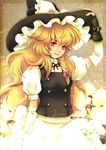  apron arm_warmers bad_id bad_pixiv_id blonde_hair bow braid fingerless_gloves gloves hair_bow hat hat_bow hat_tip kirisame_marisa lips long_hair sasara_housara single_braid solo touhou waist_apron white_bow witch_hat yellow_eyes 