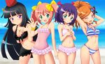  ageha_(sister_quest) bikini black_hair black_sarong bow breasts bug butterfly butterfly_hair_ornament casual_one-piece_swimsuit chiffon_(sister_quest) cleavage green_eyes hair_ornament hat highres insect long_hair medium_breasts mole mole_under_eye multiple_girls one-piece_swimsuit orange_hair purple_eyes purple_hair red_hair sarong short_hair sister_quest sister_quest_iii small_breasts stella_(sister_quest) swimsuit takappe tateha_(sister_quest) twintails yellow_bow 