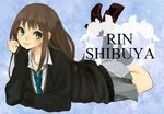  bad_id bad_pixiv_id black_legwear blue_eyes brown_hair cardigan character_name idolmaster idolmaster_cinderella_girls jewelry kohana_(ayako) long_hair lying necklace necktie school_uniform shibuya_rin skirt smile socks solo 