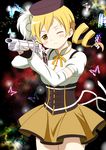  beret blonde_hair breasts bug butterfly cap_(dkdm-d) corset drill_hair gun hair_ornament hat insect magical_girl magical_musket mahou_shoujo_madoka_magica medium_breasts one_eye_closed pleated_skirt skirt solo tomoe_mami weapon yellow_eyes 