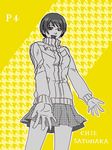 :d asahijima badge bare_legs button_badge character_name copyright_name cowboy_shot houndstooth jacket legs looking_down monochrome open_mouth outstretched_arms persona persona_4 satonaka_chie short_hair skirt smile solo standing text_focus tomboy track_jacket yellow 