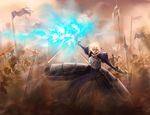  arm_up armor armored_dress army artoria_pendragon_(all) axe blonde_hair dress fate/stay_night fate_(series) flag gauntlets green_eyes hair_ribbon helmet invisible_air mabi ribbon saber soldier sword weapon 