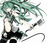  erise green_eyes green_hair groin hatsune_miku highres long_hair microphone microphone_stand navel necktie open_clothes open_shirt shirt simple_background skirt solo thighhighs vocaloid white_background 