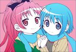  blue_eyes blue_hair commentary_request hair_ornament hair_ribbon hairclip halftone holding_hands interlocked_fingers mahou_shoujo_madoka_magica miki_sayaka multiple_girls outline red_eyes red_hair ribbon sakura_kyouko scarf shared_scarf smile yuuki_akira 