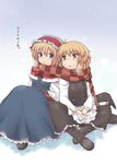  alice_margatroid blonde_hair blue_eyes boots brown_hair capelet checkered cross-laced_footwear dress headdress indian_style kirisame_marisa lace-up_boots lockheart multiple_girls no_hat no_headwear scarf shared_scarf sitting snowing touhou translated yuri 